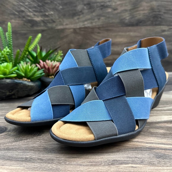 NIB Comfortiva Farrow 8W WIDE 39 Denim Multi Blue Stretch Woven Sling Sandals - Picture 3 of 12